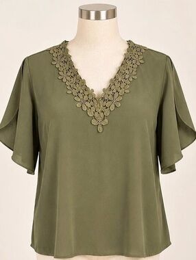 Lishly XL Olive Green Floral Lace V Neck Flutter Sleeve Blouse Size 12